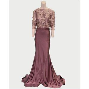 Jessica Angel 884 Floral Bodice V-back Maxi Gown Champagne Size Large NWT